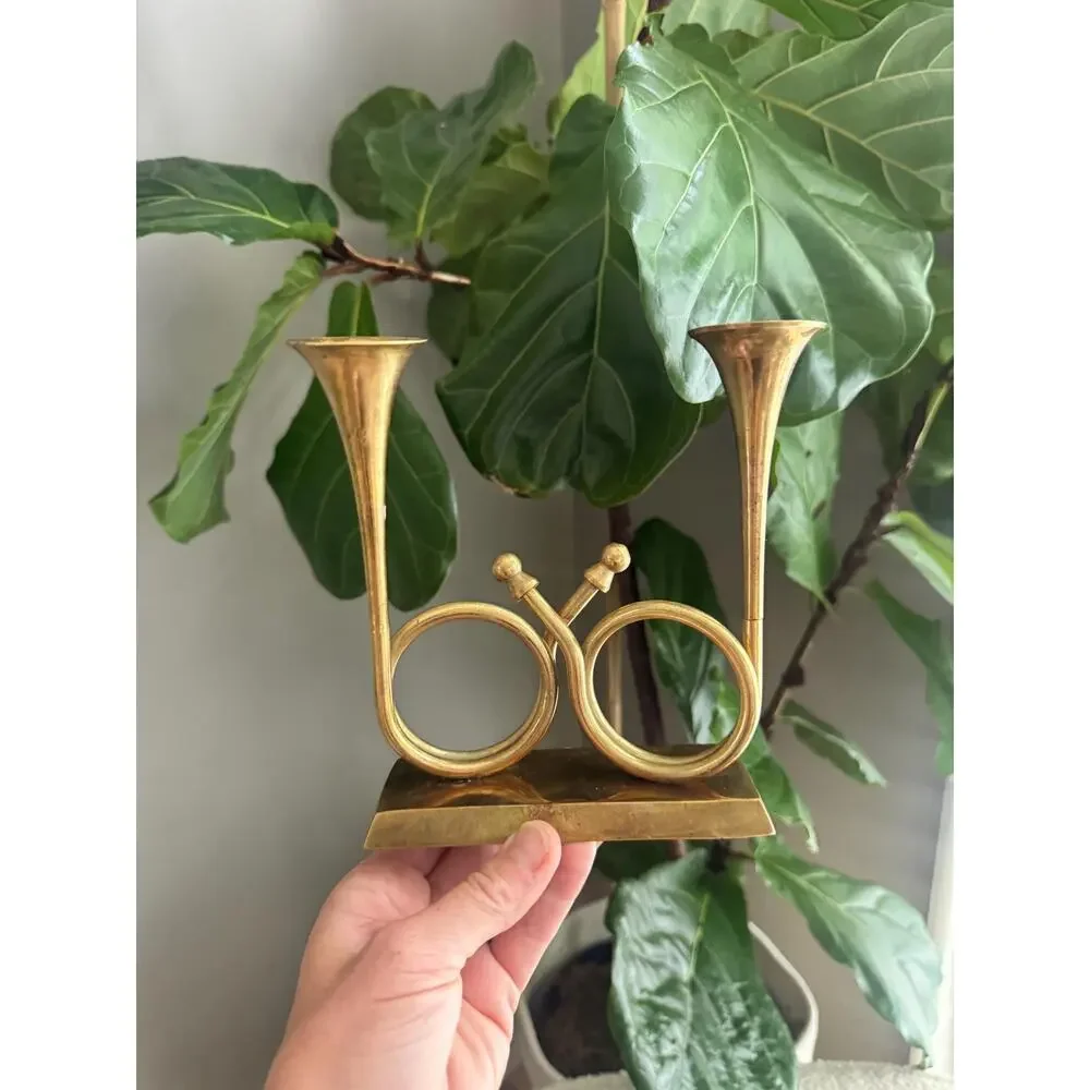 Vintage Enesco Brass French Horn Double Candleholder - Midcentury Shelf Decor